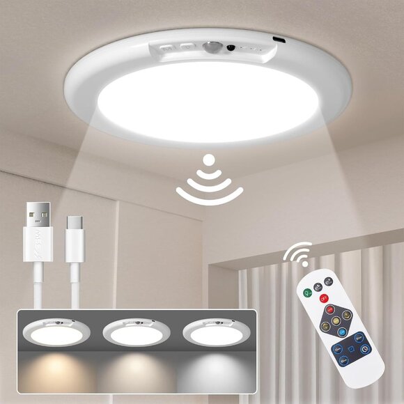 Rechargeable Motion Sensor Ceiling Light Remote Battery Operated LED - Picture 1 of 7